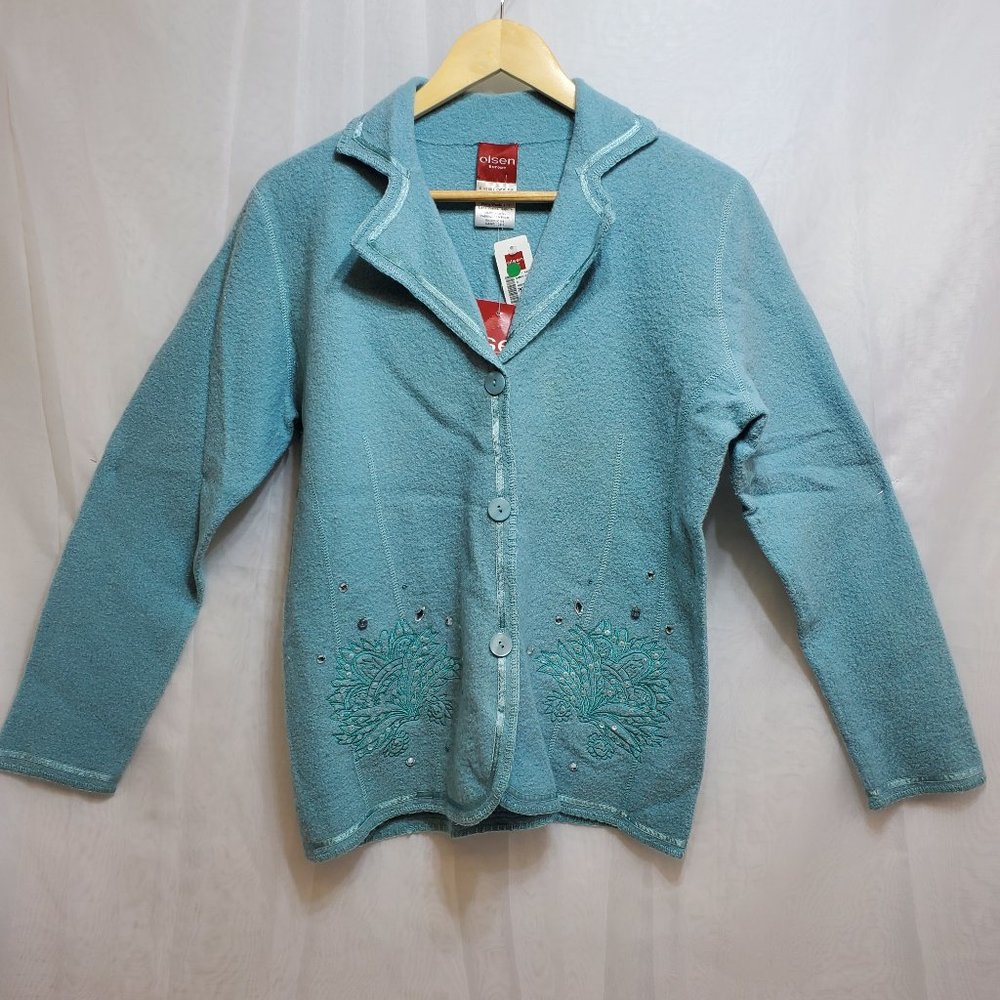 Olsen Europe Wool Sweater Jacket Size 38 Green/Blue